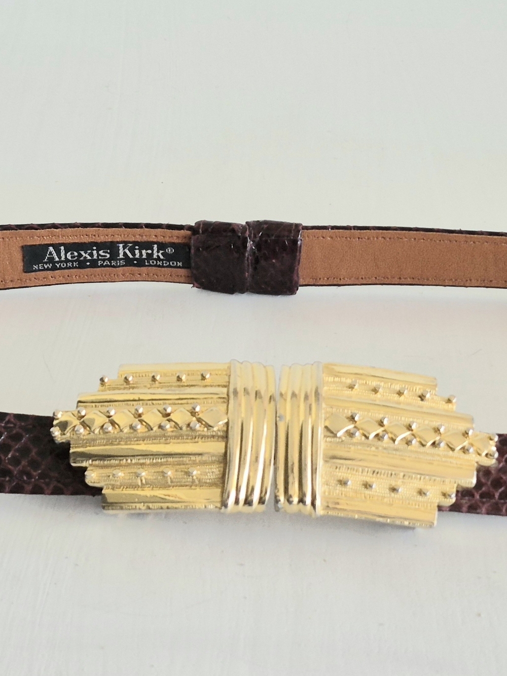 Alexis Kirk Snakeskin Textured Brown Leather Belt with Sculpted Gold Buckle-36"